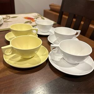 Westinghouse Melmac Ovation Yellow-2 Cups/Saucers, White-3 Cups/saucers +
